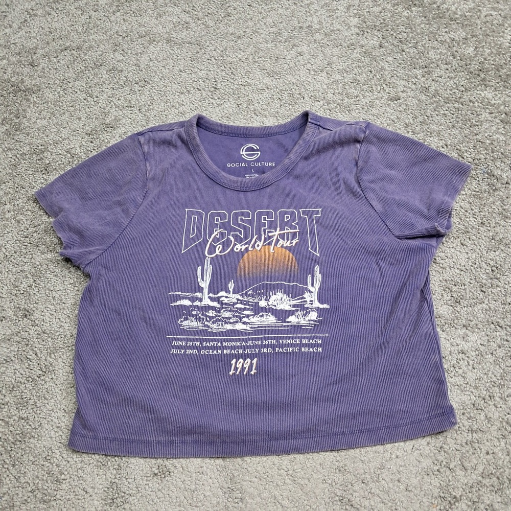 Social Culture Desert World Tour 1991 Graphic Ribbed Crop Top Purple Womens L